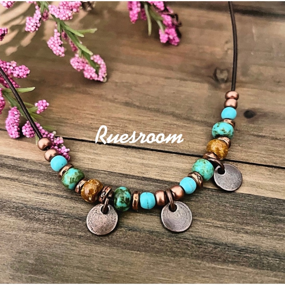 Copper Disc Necklace,Beaded Disc Necklace,Boho Necklace,Little Disc Necklace